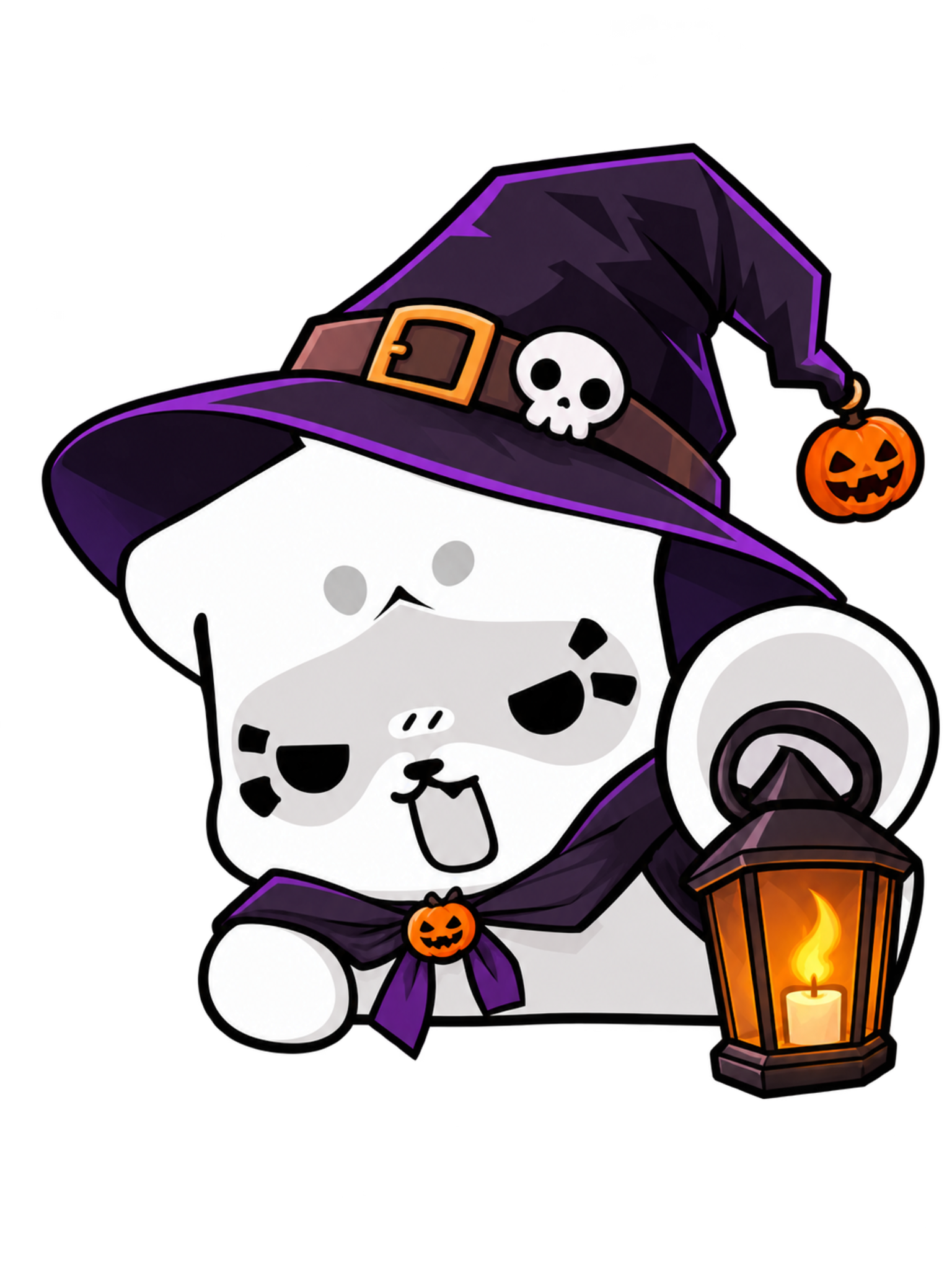 Codin com chapéu de bruxa e capa de Halloween